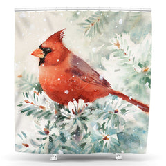 Lofaris Watercolor Red Bird Snowy Christmas Shower Curtain