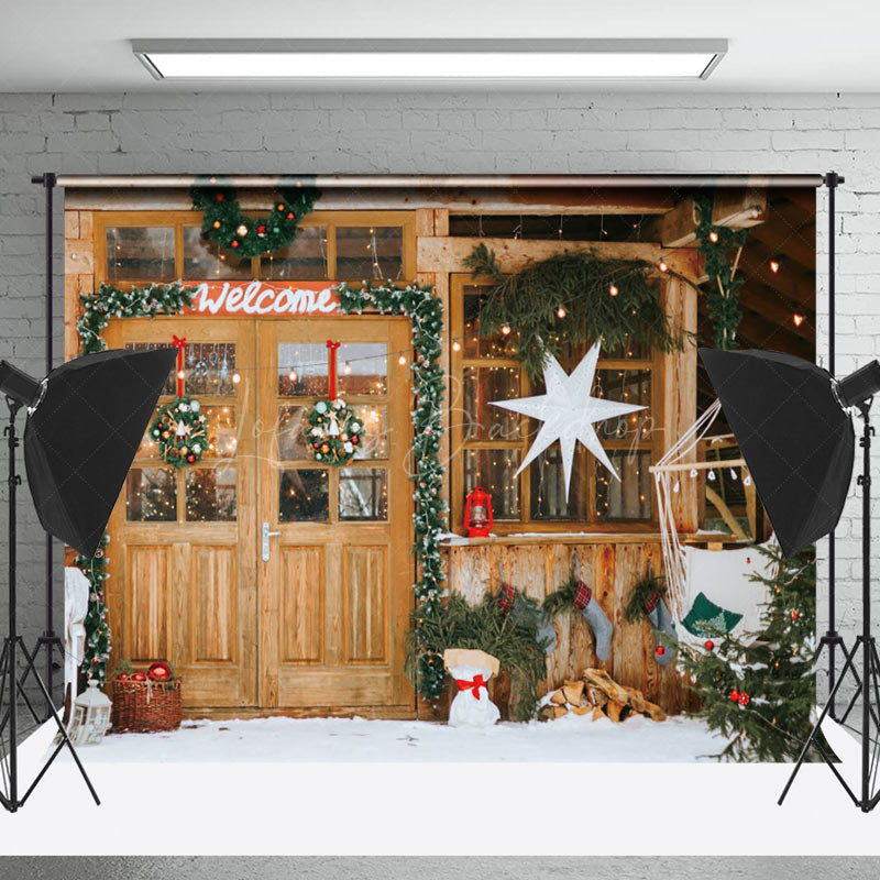 Lofaris Welcome Wooden Door Garland Xmas Photo Backdrop