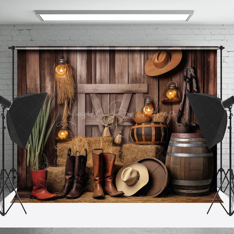 Lofaris Western Cowboy Haystack Wood Wall Boots Backdrop