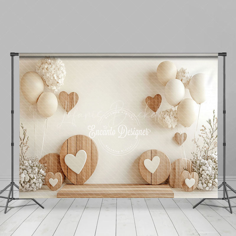 Lofaris White Balloons Floral Wood Heart Valentines Backdrop