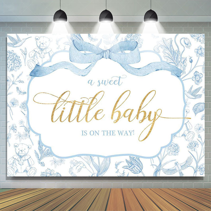 Lofaris White Blue Bear Floral Sweet Little Baby Backdrop