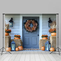 Lofaris White Blue Porch Haystack Pumpkin Autumn Backdrop