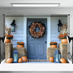 Lofaris White Blue Porch Haystack Pumpkin Autumn Backdrop