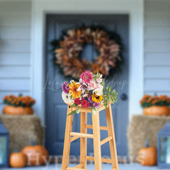 Lofaris White Blue Porch Haystack Pumpkin Autumn Backdrop