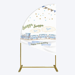 Lofaris White Blue Train Happy 2nd Birthday Half Moon Arch Backdrop