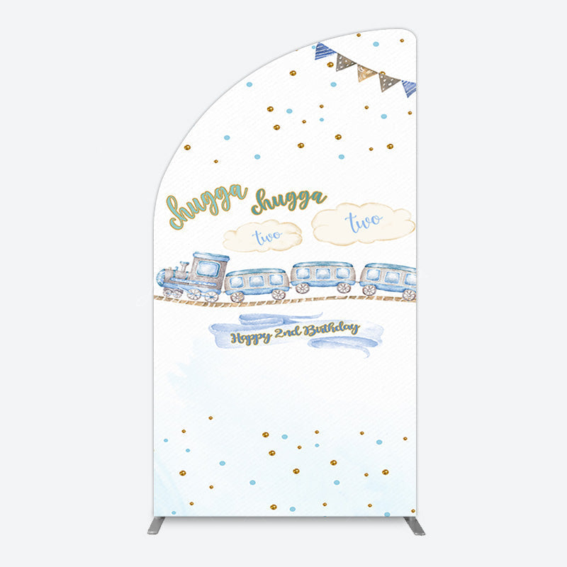 Lofaris White Blue Train Happy 2nd Birthday Half Moon Arch Backdrop