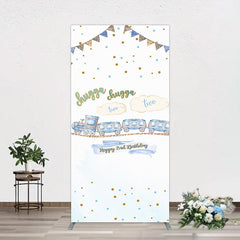 Lofaris White Blue Train Happy 2nd Birthday Rectangle Backdrop