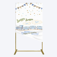 Lofaris White Blue Train Happy 2nd Birthday Rectangle Backdrop