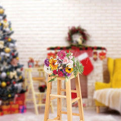 Lofaris White Brick Wall Fireplace Tree Christmas Backdrop