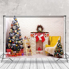 Lofaris White Brick Wall Fireplace Tree Christmas Backdrop