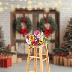 Lofaris White Brick Wall Wood Door Festive Christmas Backdrop