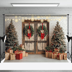 Lofaris White Brick Wall Wood Door Festive Christmas Backdrop