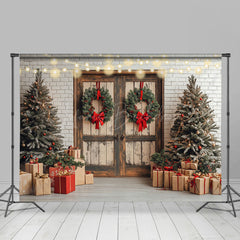 Lofaris White Brick Wall Wood Door Festive Christmas Backdrop