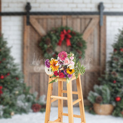 Lofaris White Brick Wood Wreath Door Tree Christmas Backdrop