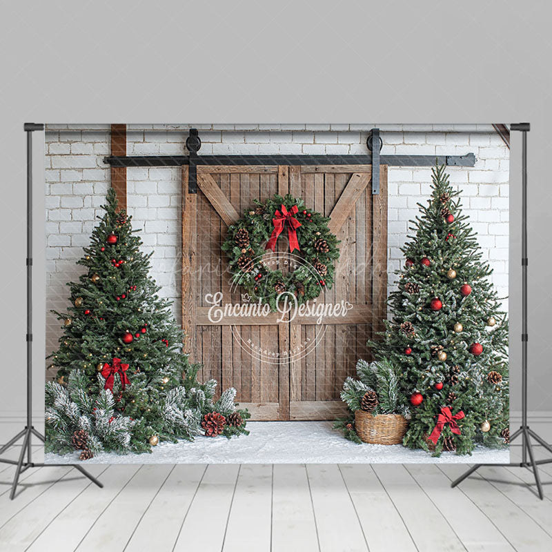 Lofaris White Brick Wood Wreath Door Tree Christmas Backdrop