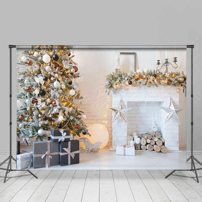 Lofaris White Bricks Fireplace Xmas Tree Christmas Backdrop