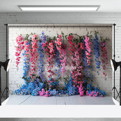 Lofaris White Bricks Wall Blue Pink Vine Floral Backdrop