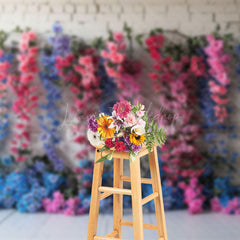 Lofaris White Bricks Wall Blue Pink Vine Floral Backdrop