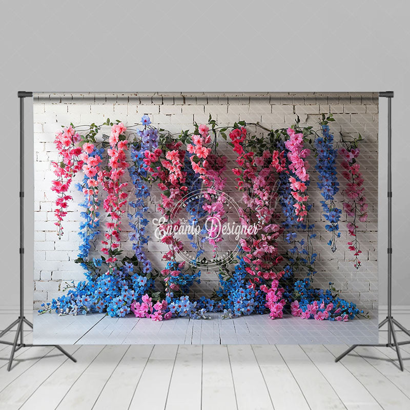 Lofaris White Bricks Wall Blue Pink Vine Floral Backdrop