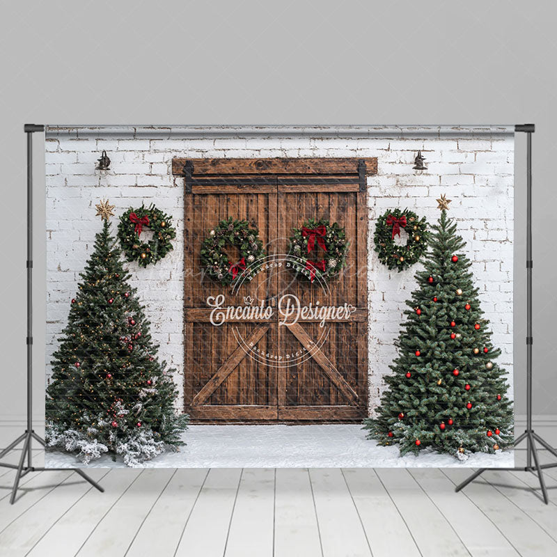 Lofaris White Bricks Wall Wood Door Trees Christmas Backdrop