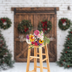 Lofaris White Bricks Wall Wood Door Trees Christmas Backdrop