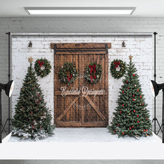 Lofaris White Bricks Wall Wood Door Trees Christmas Backdrop