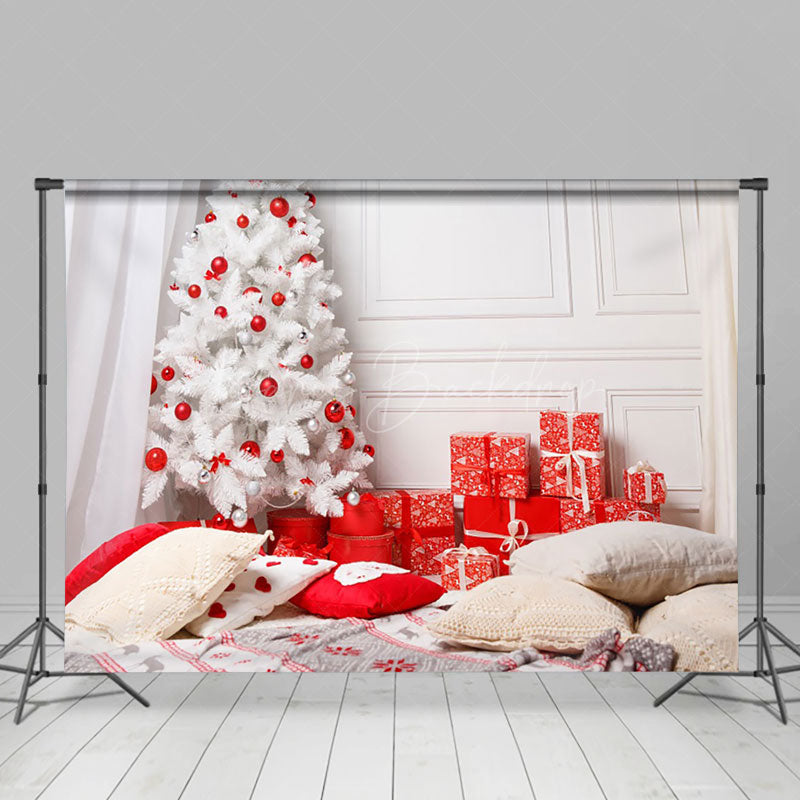 Lofaris White Christmas Tree Red Gift Boxes Pillow Backdrop