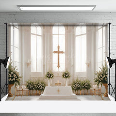 Lofaris White Church Cross Floral Window Wedding Backdrop