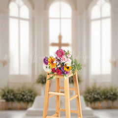 Lofaris White Church Cross Floral Window Wedding Backdrop