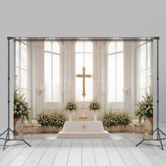 Lofaris White Church Cross Floral Window Wedding Backdrop