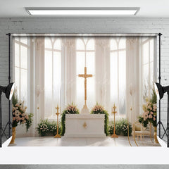 Lofaris White Church Cross Greenery Floral Wedding Backdrop