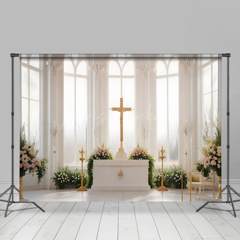 Lofaris White Church Cross Greenery Floral Wedding Backdrop