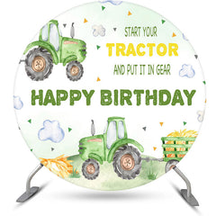 Lofaris White Cloud Green Tractor Round Birthday Backdrop