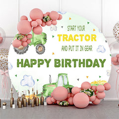 Lofaris White Cloud Green Tractor Round Birthday Backdrop