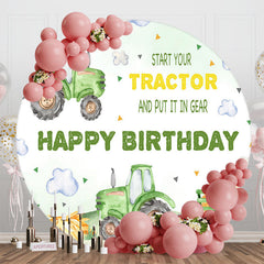 Lofaris White Cloud Green Tractor Round Birthday Backdrop