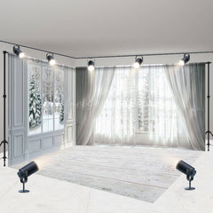 Lofaris White Curtain Window Snowy Winter Room Set Backdrop