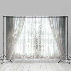 Lofaris White Curtain Window Snowy Winter Room Set Backdrop