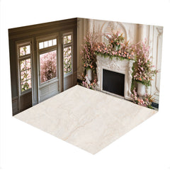 Lofaris White Fireplace Pink Floral Sping Window Room Set