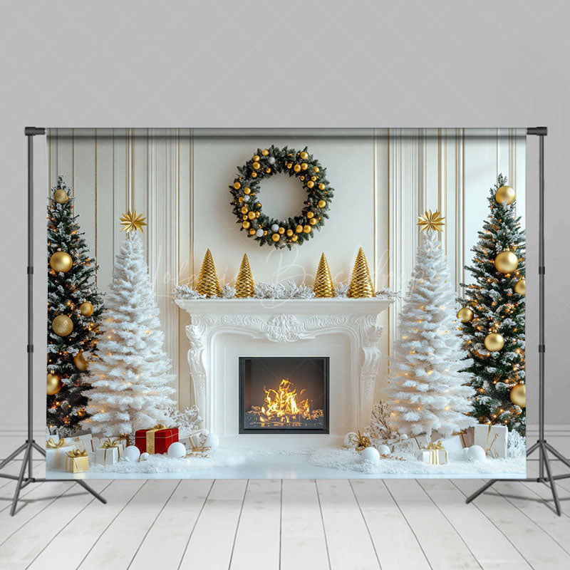 Lofaris White Fireplace Tree Indoor Christmas Photo Backdrop