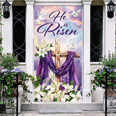 Lofaris White Floral He Is Risen Cross Easter Door Cover