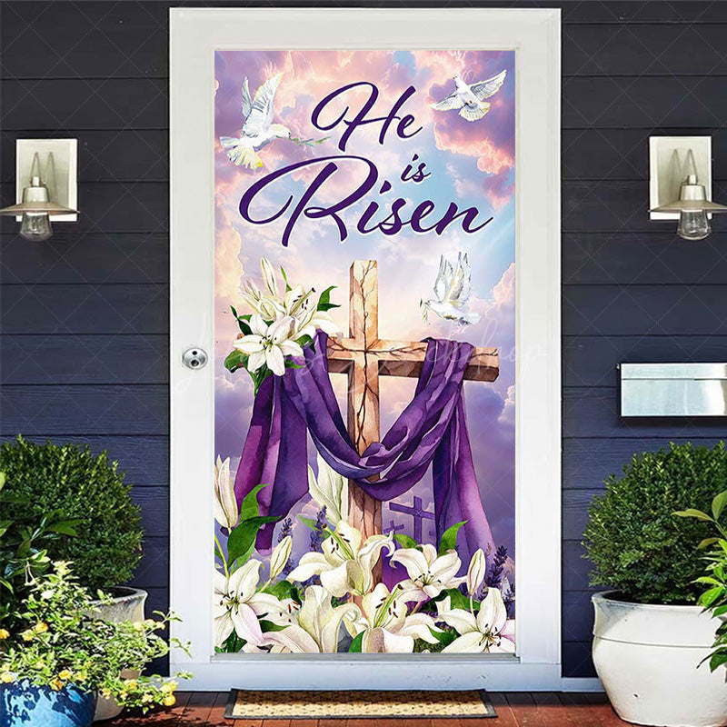 Lofaris White Floral He Is Risen Cross Easter Door Cover