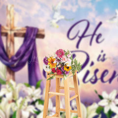 Lofaris White Floral He Is Risen Pigeon Cross Easter Backdrop