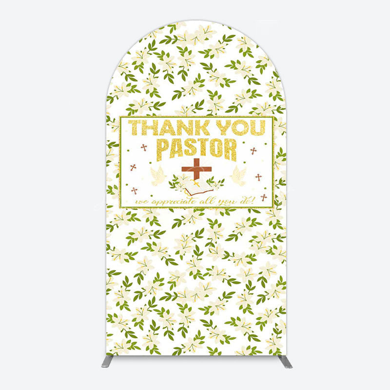 Lofaris White Floral Leaves Thank You Pastor Arch Backdrop