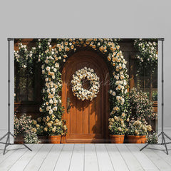 Lofaris White Floral Wreath Brown Wood Door Wedding Backdrop