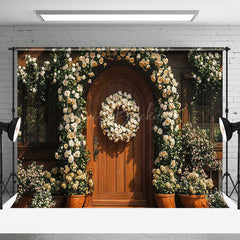 Lofaris White Floral Wreath Brown Wood Door Wedding Backdrop