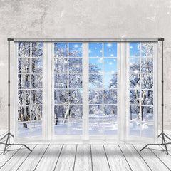 Lofaris White French Window Outside Snowy Winter Backdrop