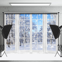 Lofaris White French Window Outside Snowy Winter Backdrop