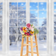 Lofaris White French Window Outside Snowy Winter Backdrop