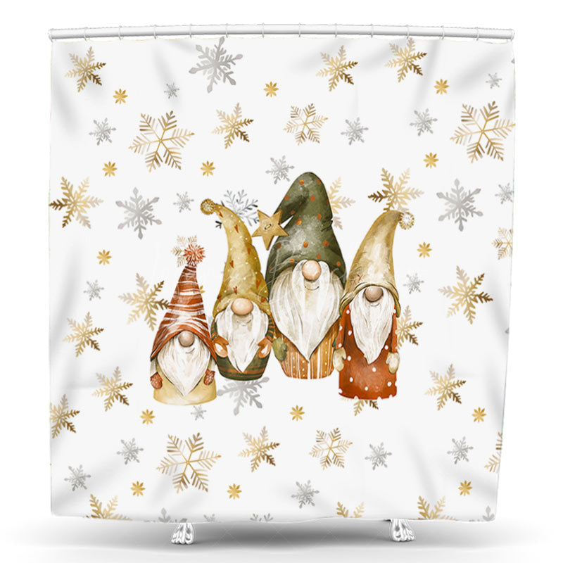 Lofaris White Gold Snowflake Gnomes Christmas Shower Curtain