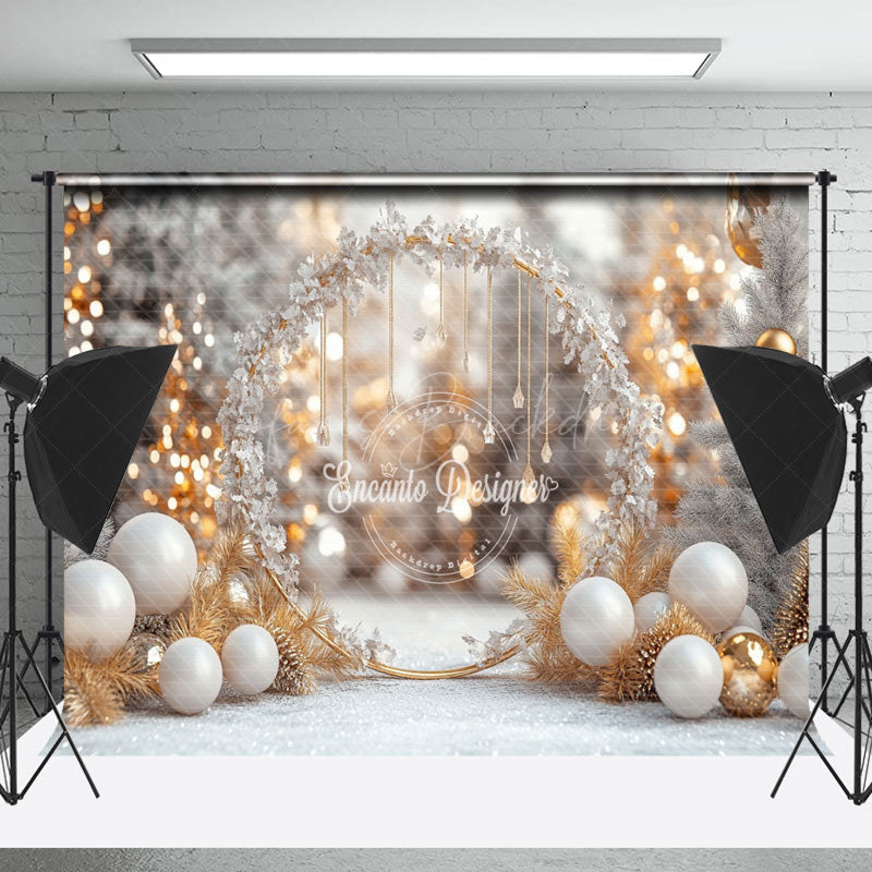 Lofaris White Gold Snowy Leaves Balloons Christmas Backdrop